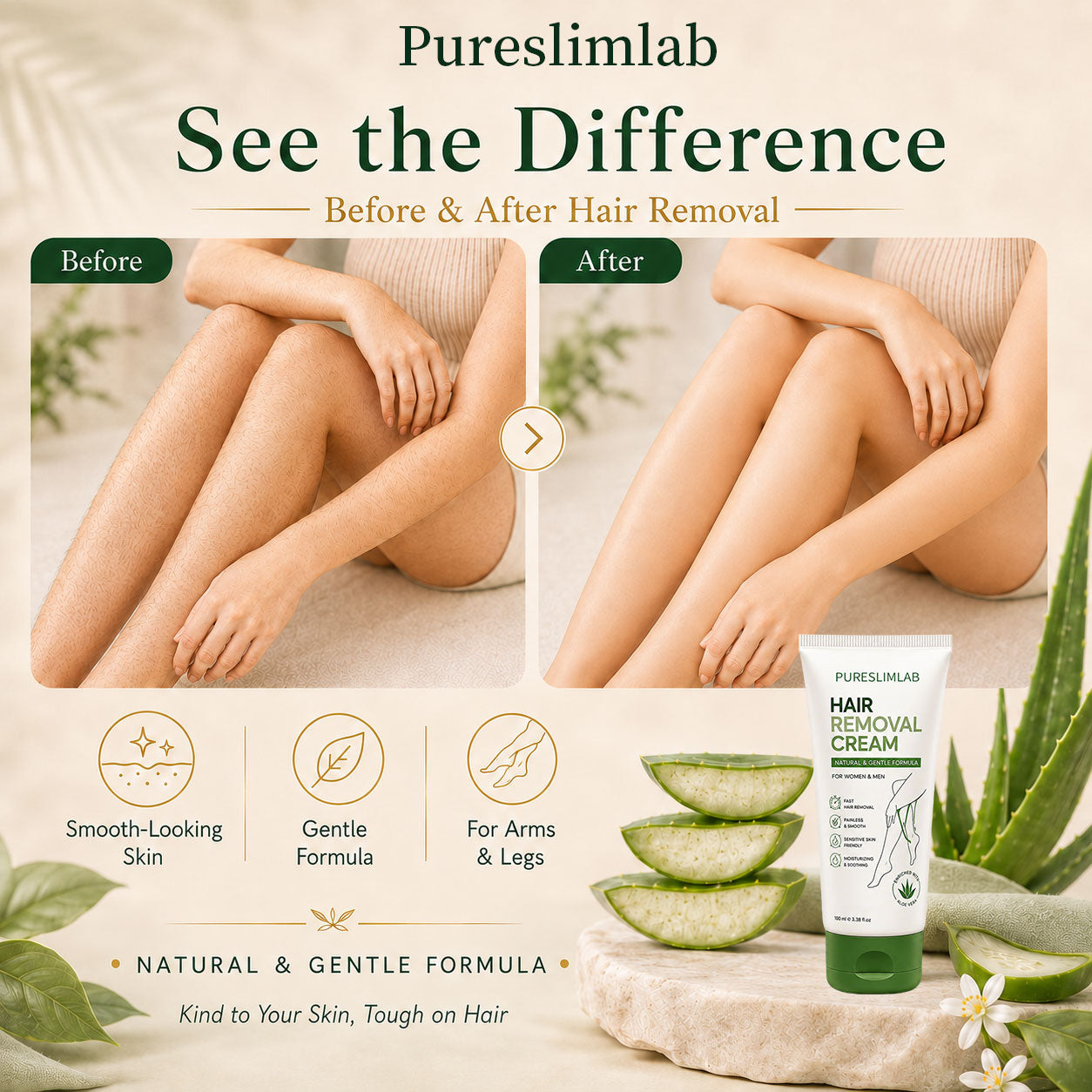 Natural Gentle Hair Removal Cream | For Women & Men, Sensitive Skin