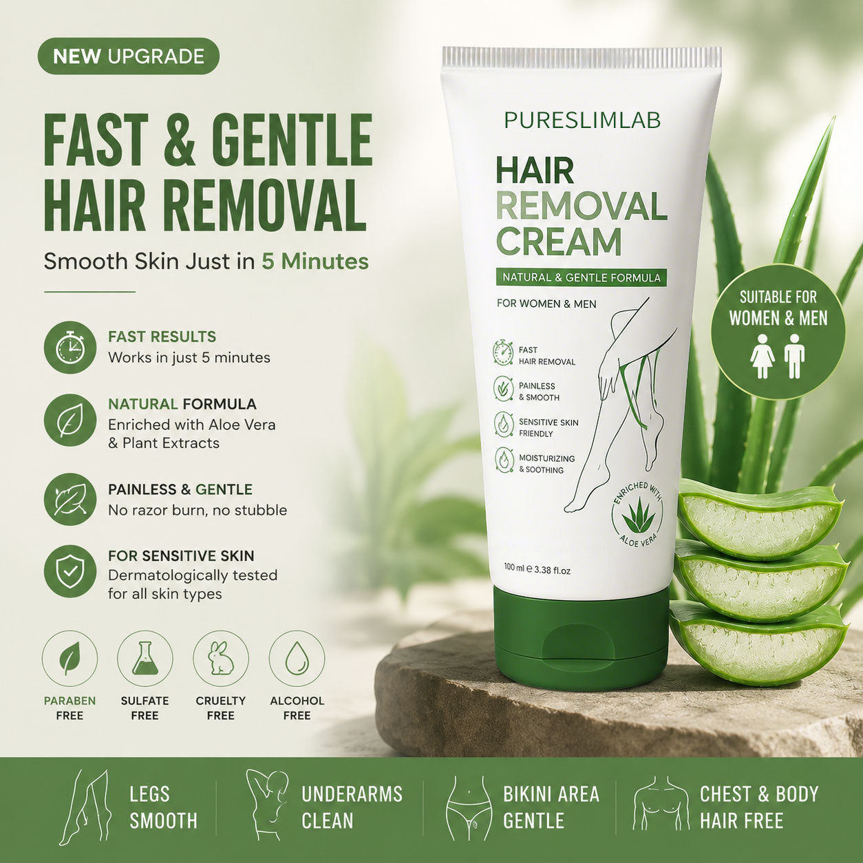 Natural Gentle Hair Removal Cream | For Women & Men, Sensitive Skin